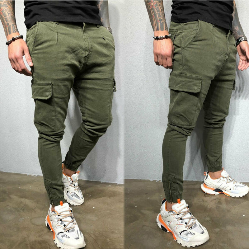 Slim lommer urbane bukser med rette ben for menn joggejoggebukser cargobukse tilfeldig tynne blyantbukser