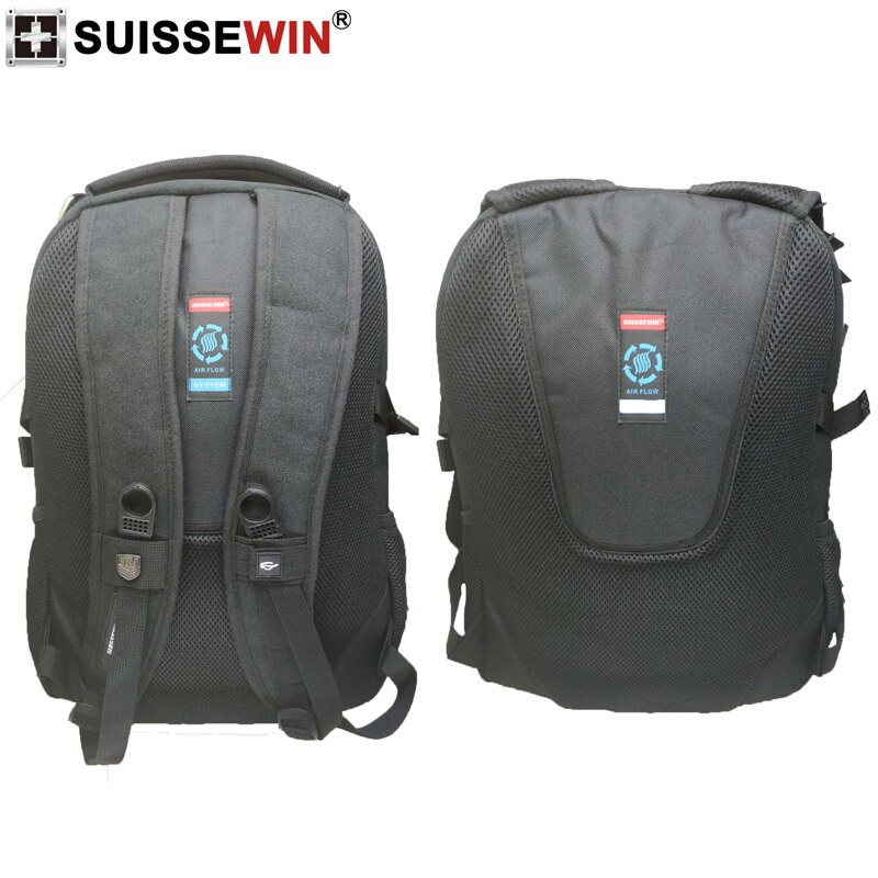 Swiss SUISSEWIN black nylon 17 inch laptop backpack large capacity portable school bag business travel for men