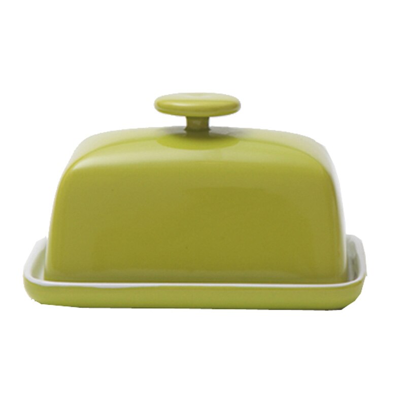 Caja de cerámica para platos de mantequilla de 6 pulgadas, caja de dulces/pastel/bandeja con tapa, con mango de diamante, negro: green