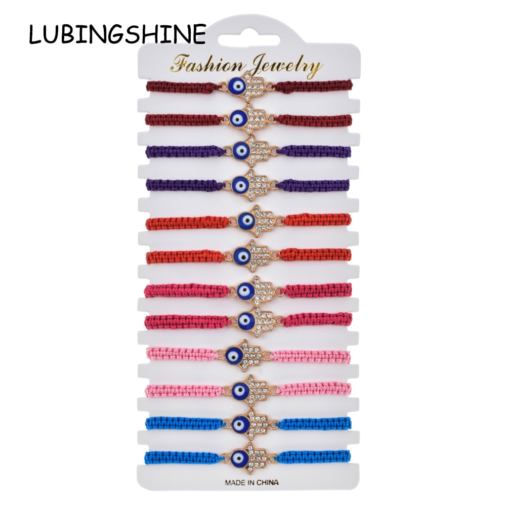 Pulseira feminina de 12 fábricas, bracelete trançado ajustável, corrente, azul turco, mau olhado strass