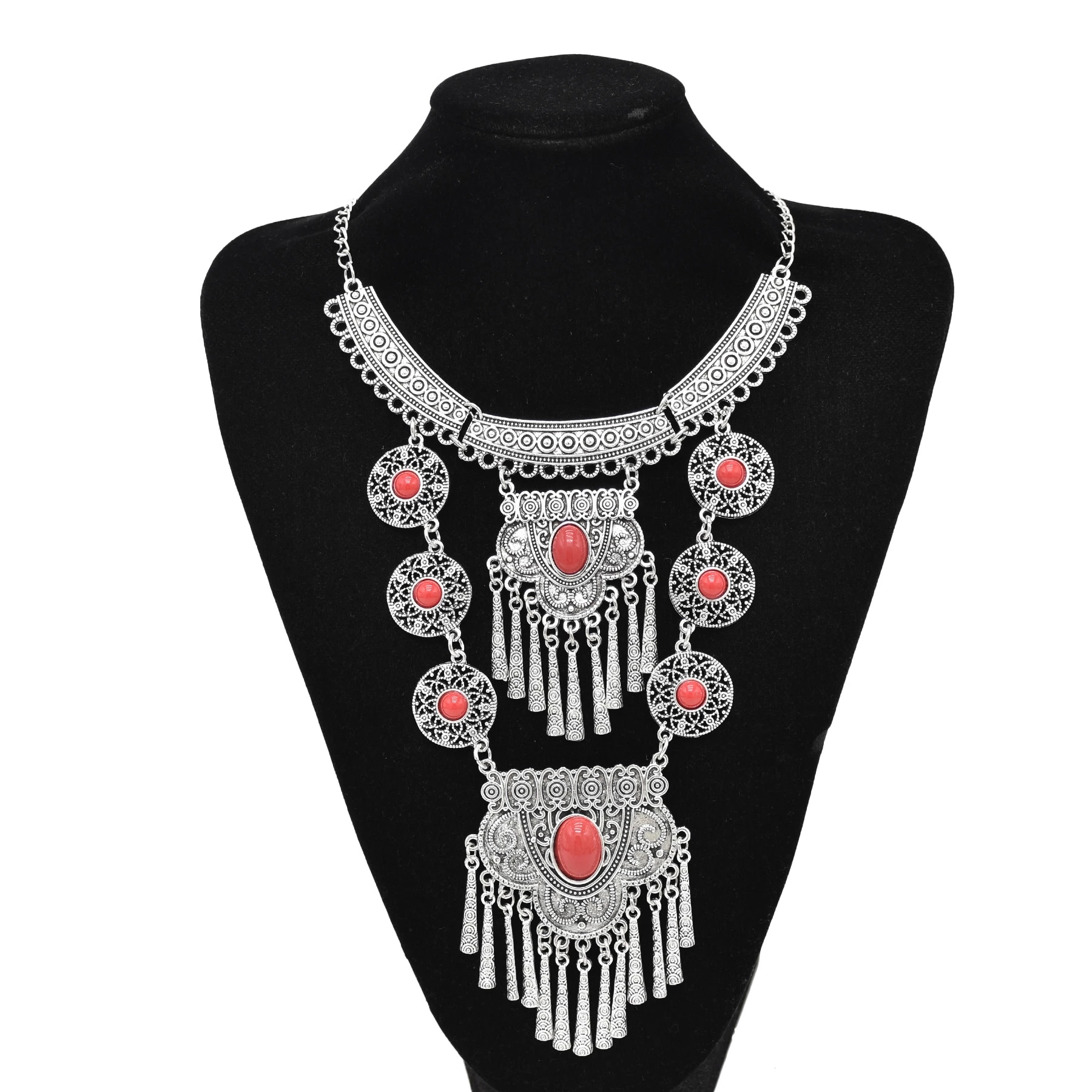 Gypsy Boehmian Hippie Kraag Kettingen voor Vrouwen Grote Dikke Tibetaans Zilveren Metalen Ketting Festival Turkse Partij Sieraden Cadeau: Imitation Rhodium Plated