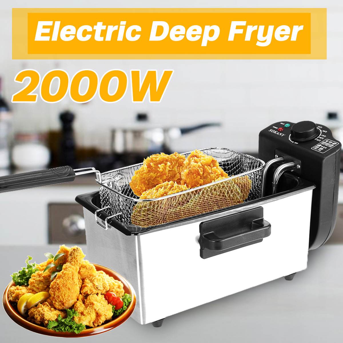 Heavy Duty Stainless Steel Electric Deep Fryer Commercial Home Kitchen Frying Chip Cooker Basket for Buffalo Wings 3L 2000W