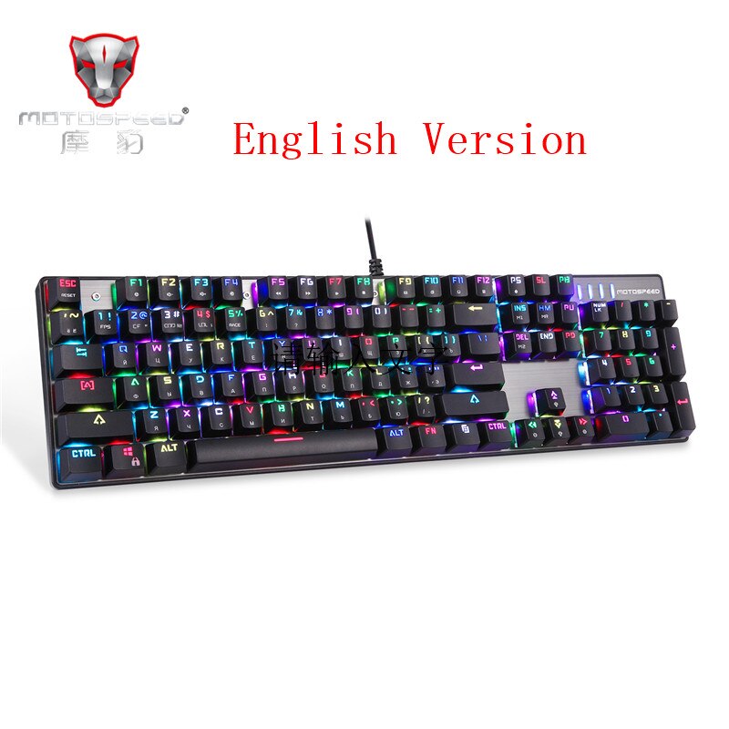 Motospeed-Teclado mecánico para videojuegos CK104, 104 teclas, interruptor azul, ruso, inglés, rojo, con cable de Metal, retroiluminado con LED, RGB, tableta de escritorio: Black English / Blue Switch
