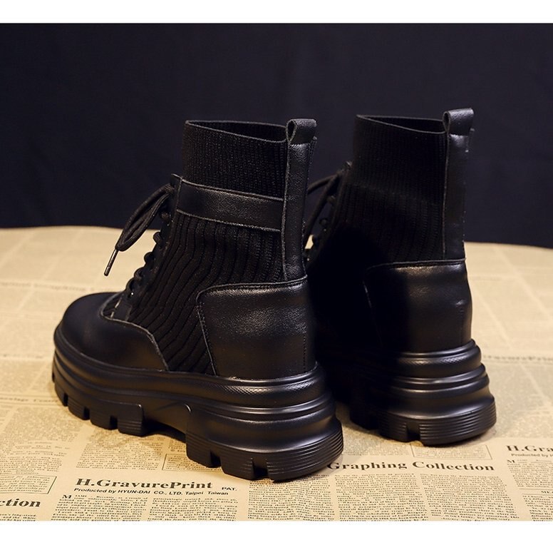 Fujin Vrouwen Lente Herfst Laarzen Sok Stretch Schoenen Booties Lace Up Hoge Hak Platform Enkellaars Mode Laarzen Korte Vrouwen