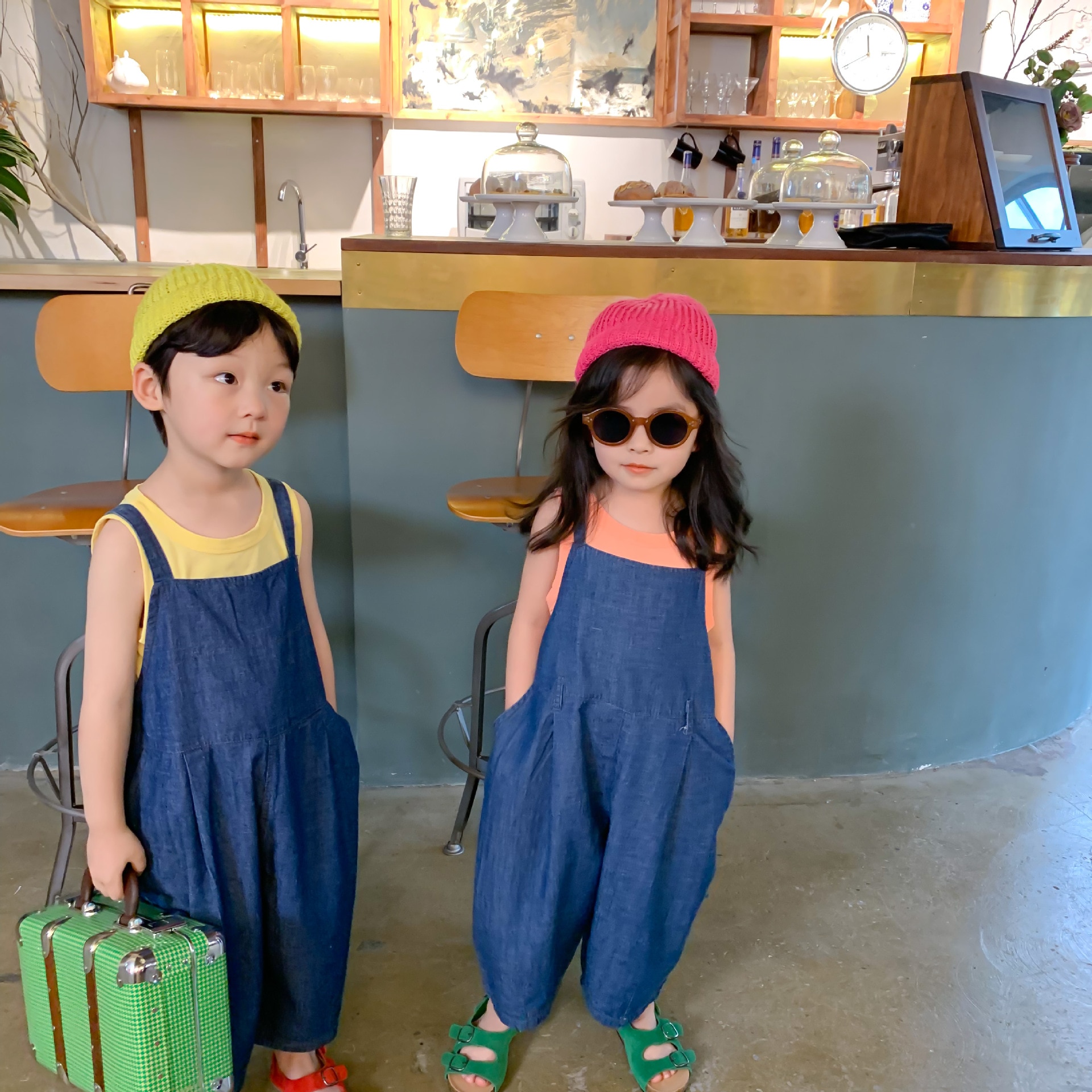 Korean style boys girls oversized thin denim overalls children casual loose suspender trousers