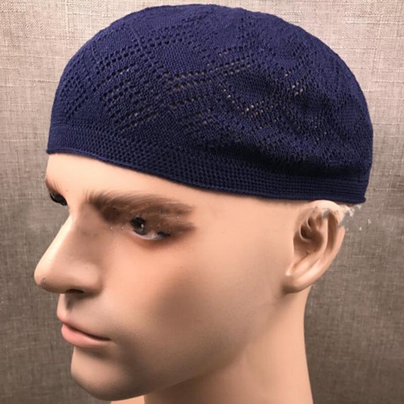 Hommes musulmans prière chapeaux tricoté coiffe de tête chapeau islamique casquettes: Bleu