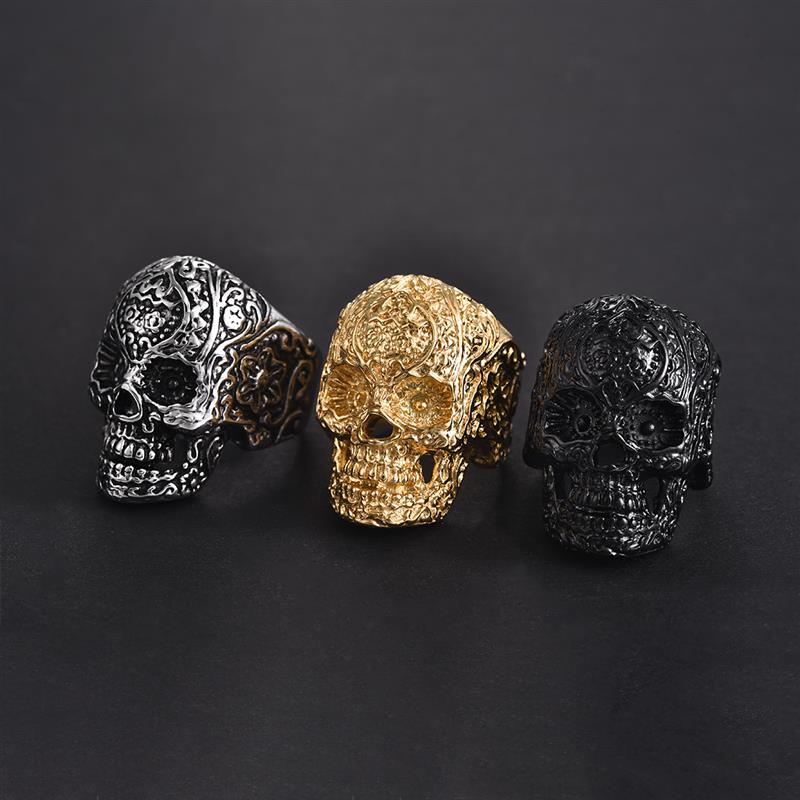 Hip Hop Men&#39;s Biker Rings Vintage Ghost Head Skull Ring Gothic Punk Rock Biker Jewelry Accessories Finger-Ring