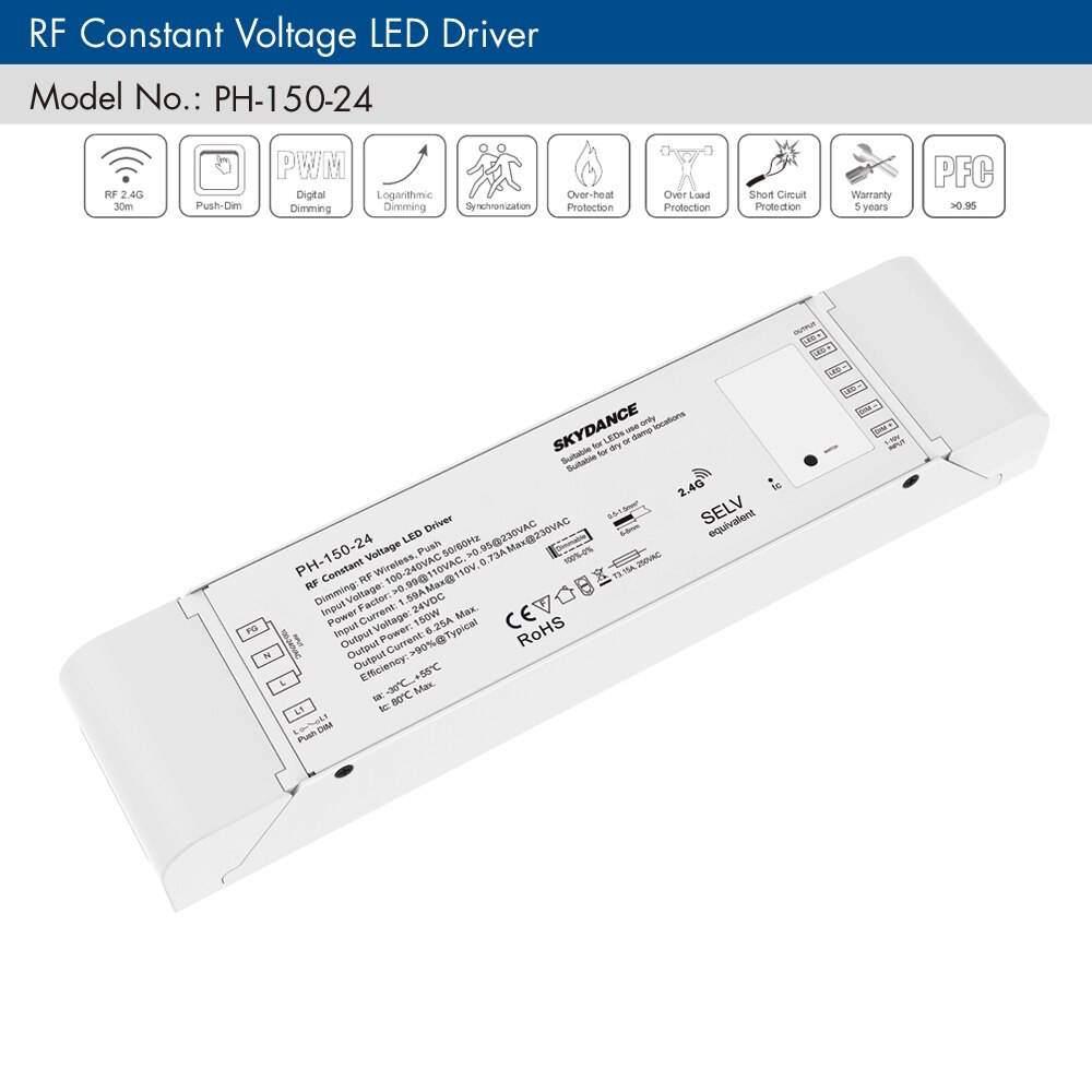Pilote LED variable 150W RF 2.4G, télécommande sans fil AC 110V 220V à 12V 24V, tension constante, intensité réglable, pilote d&#39;alimentation, Push Dim: PH-150-24