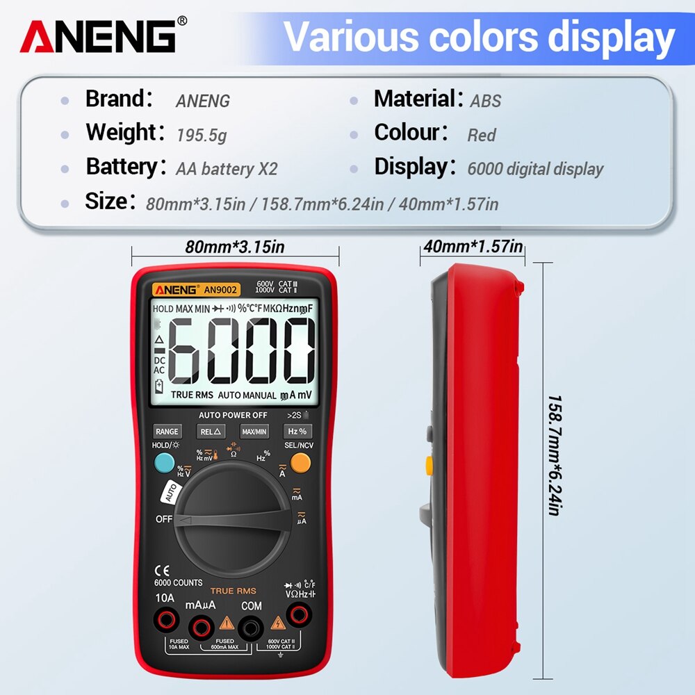 Aneng AN9002 Multimeter Bluetooth Digitale Multimeter 6000 Telt Multimetrotrue Rms Ac/Dc Stroom Spanning Tester Auto-Range