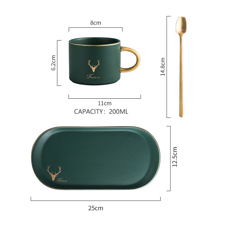 Kerst Keramiek Cup Gouden Rand Koffiekopjes Mok En Schoteltjes Lepel Sets Met Geschenkdoos Thee Sojamelk Ontbijt Mokken dessertbord