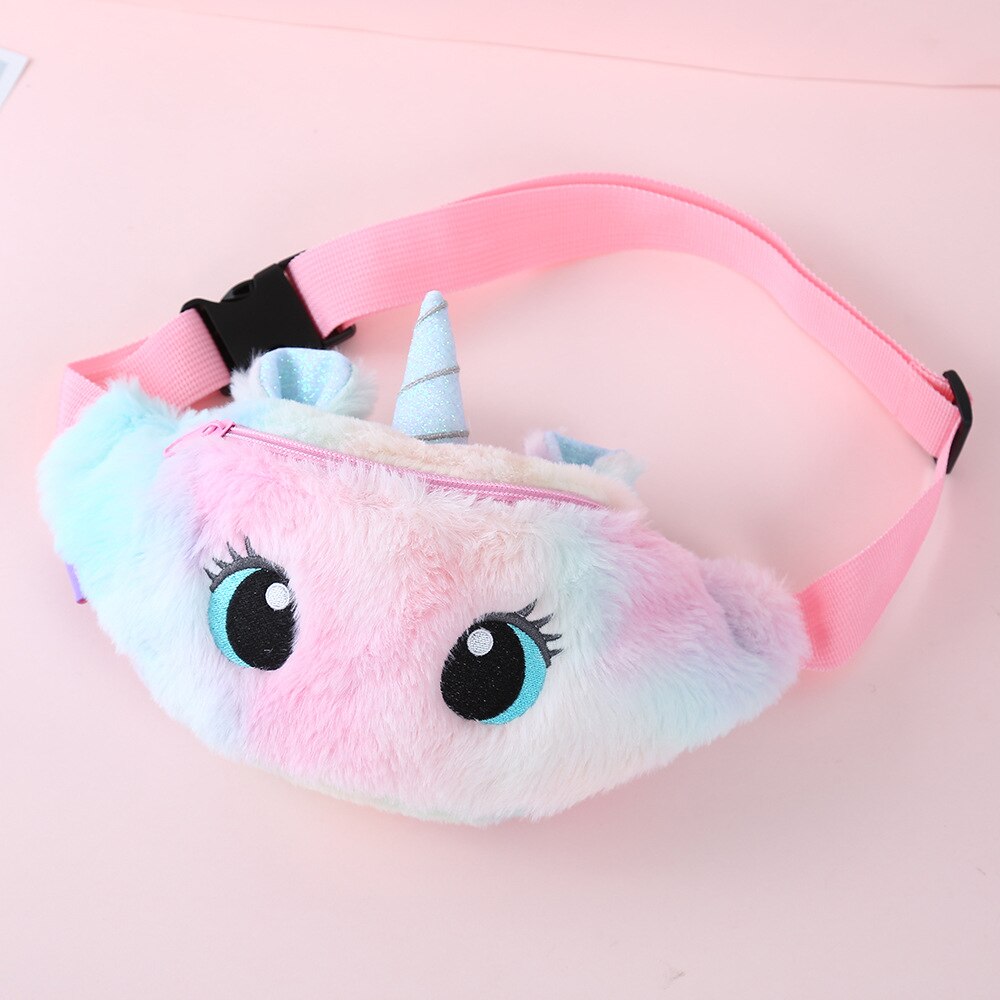 Riñonera de unicornio para niños, bolsa de cintura para niñas, cinturón de juguetes de felpa, bolsa de pecho de Color degradado, monedero de dibujos animados, bolsa de pecho de viaje: Rainbow Pink