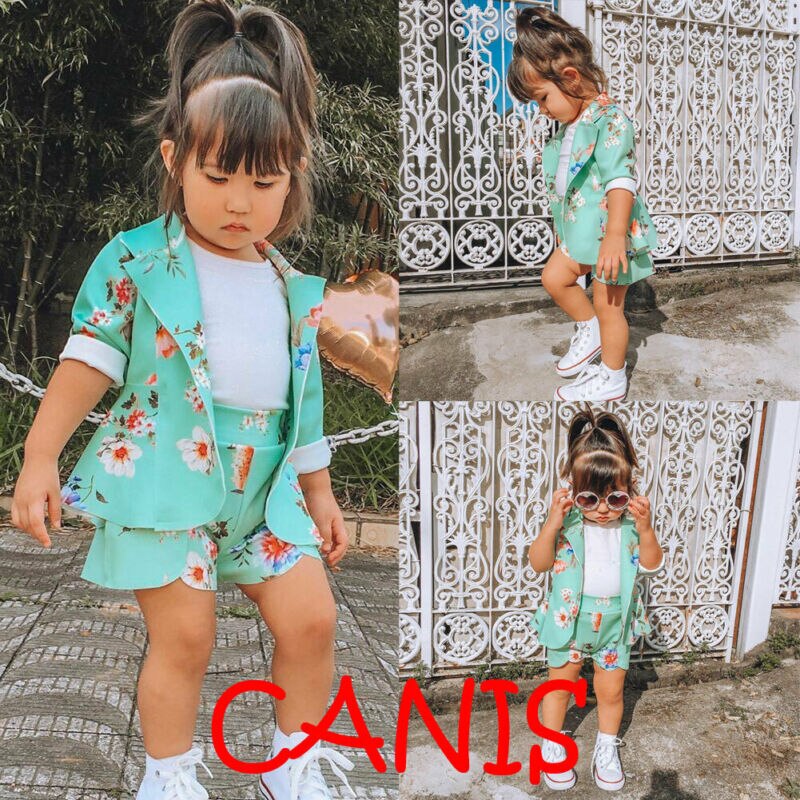 Children&#39;s Girls Floral Coat + Shorts Two-piece Suit Kids Suit Clothes Sets Girls Clothing 9M-5T