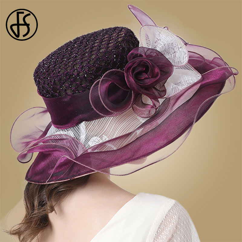 FS Women Black Hats For Summer Wide Brim Sun Hats Big Flowers Kentucky Derby Church Fedora Party Wedding Hat