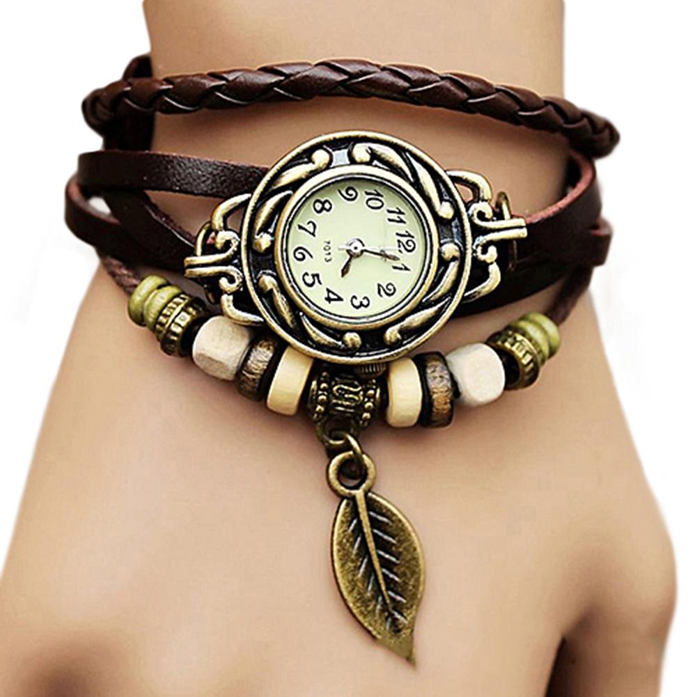 Kvinder retro armbånd ur træ blad vedhæng imiteret læder flerlags armbånd smykker dekoration kvarts urreloj mujer