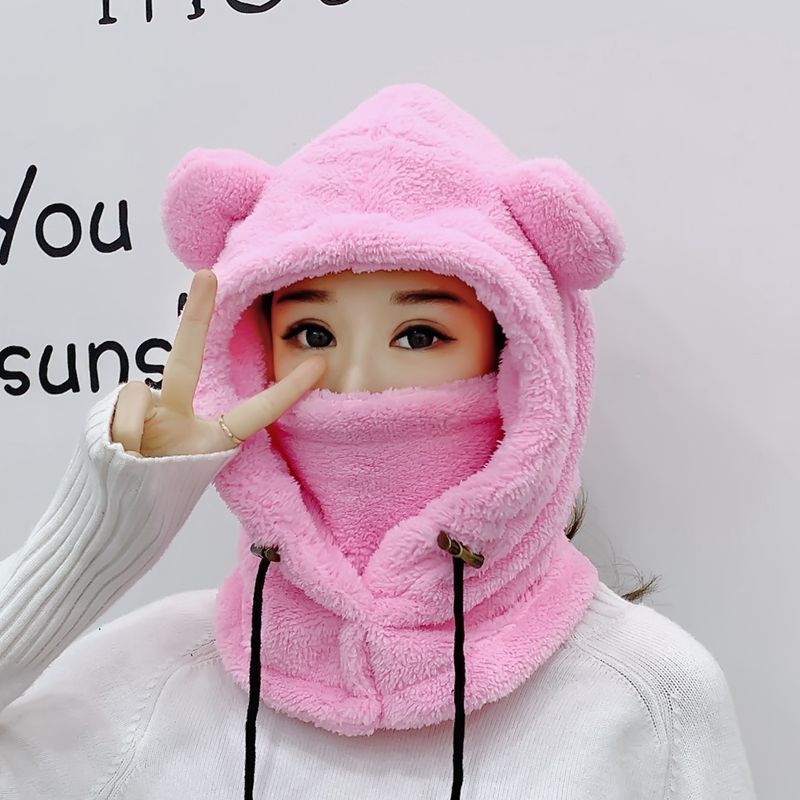 Winter Cute Selling Cute Bear Ears Warm Hat Windproof Neck Scarf Cap Student Women Children Plus Cashmere Cap: adult pink