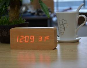 Mode Houten Wekkers Met Thermometer Eenvoudige Rechthoek Tafel Klokken Led Sound Control Desktop Decoratie Klok: bamboo red