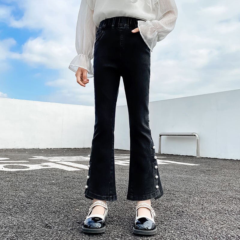 Jeans For Girls Black Boot Cut Pants with Pearl Casual Style Kids Elastic Split Flare Pants Spring Autumn Clothes 6 - 14Y: 120-(5T)