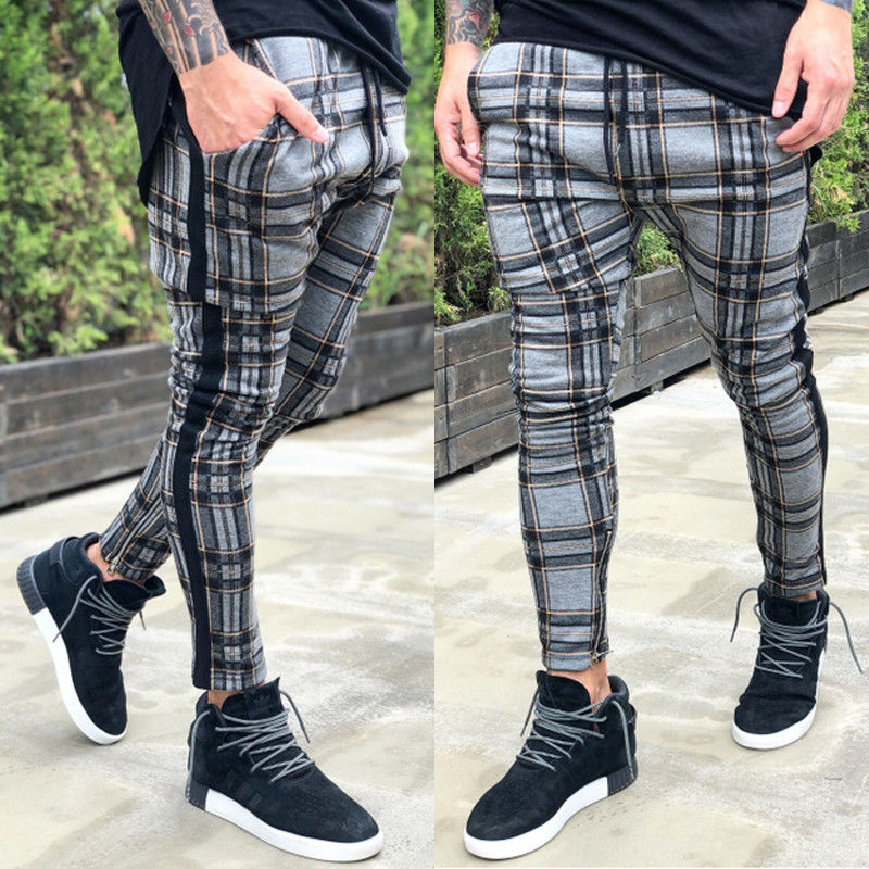 Pants Men Vogue Vintage Plaid Zippers Casual Pencil Pants Trousers Men Side Striped Pockets Casual Harem Pants Trouser
