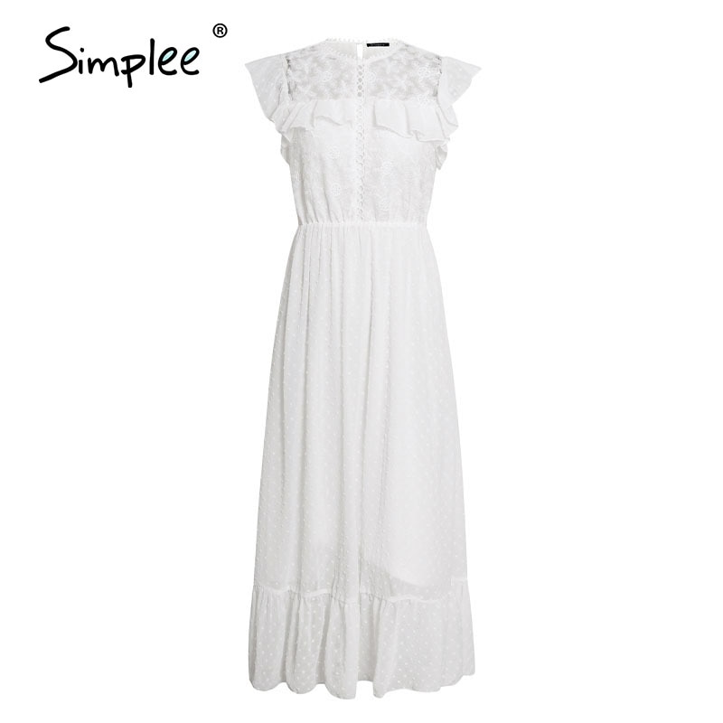 Simplee-Vestido largo de encaje blanco sin mangas para mujer, vestido recto de oficina para mujer, vestido informal de Vestido de cuello redondo