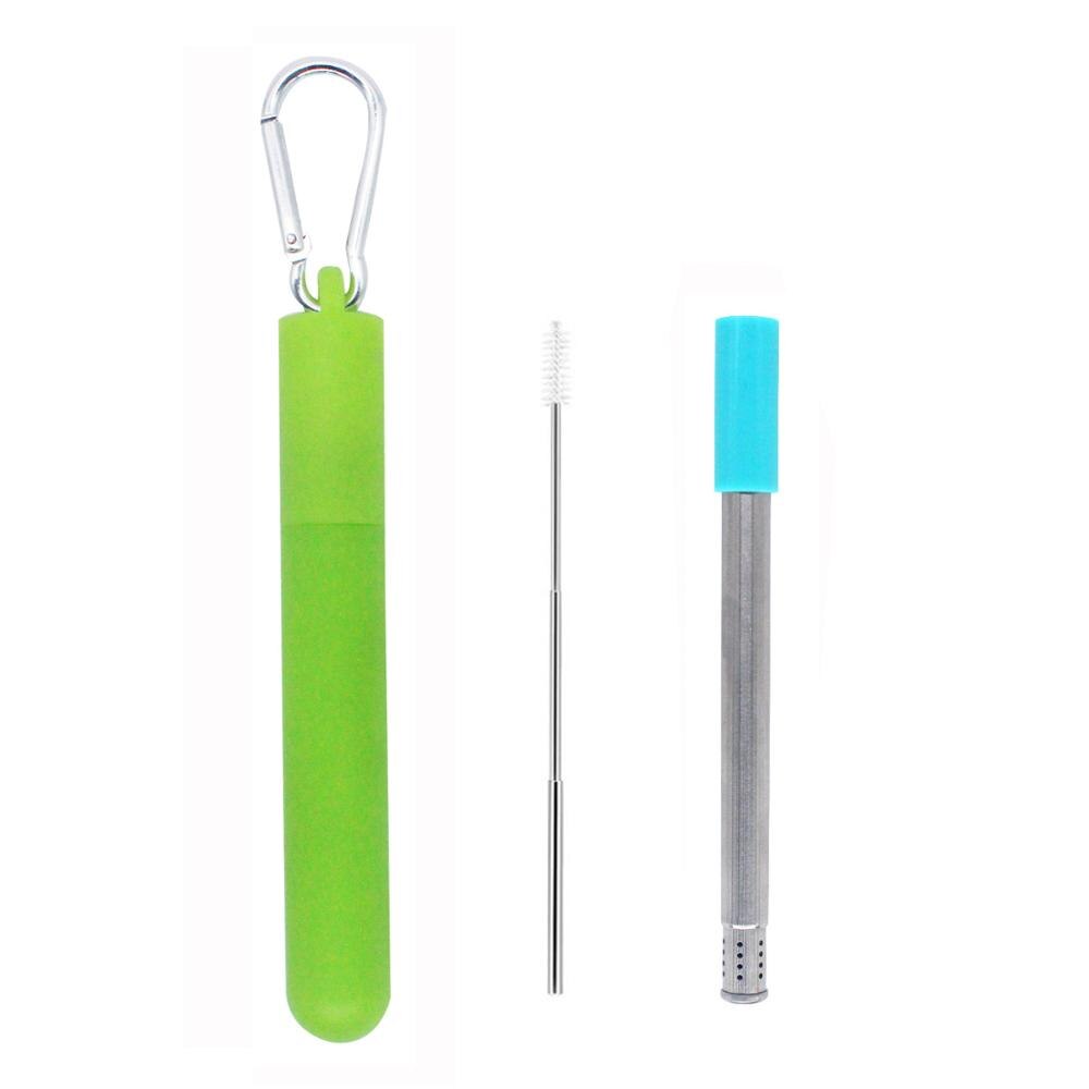 Paille à deux sections réutilisable, avec trou de filtre et brosse à paille rétractable pour le thé, etc.: Green silver