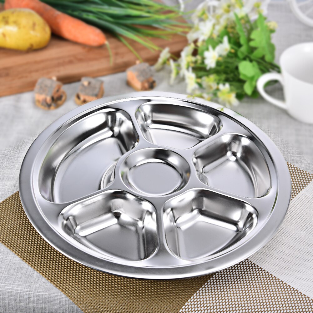 3/4/5/6 Section Stainless Steel Divided Dinner Tray Lunch Container Food Plate For School Canteen Stainless Steel Dinner Plate: D28.5cm