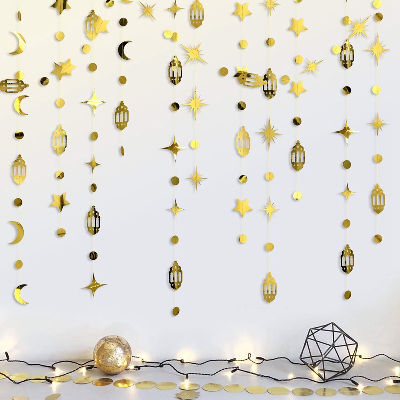 Banderole Eid Mubarak de 4m en papier doré et argenté, guirxiété étoile lune, décoration pour Ramadan Kareem, fournitures de fête musulmane islamique pour la maison