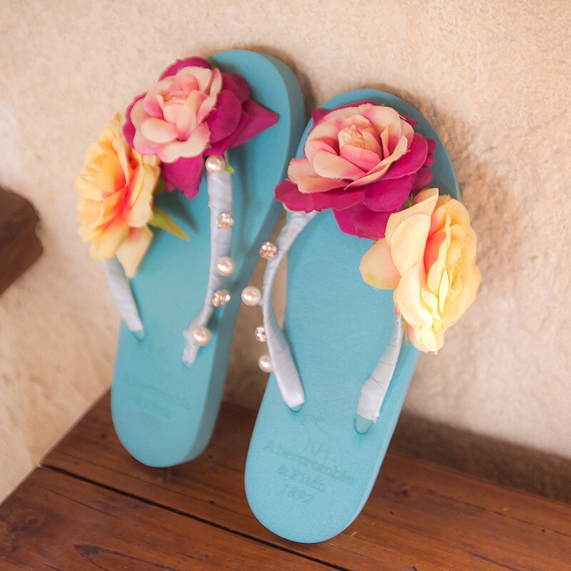 3cm High Heel Women's Summer Pure Handmade Flower Sandals Beach Vacation Flip-flops Womens Slippers Indoor Flip Flops Women: blue / 35