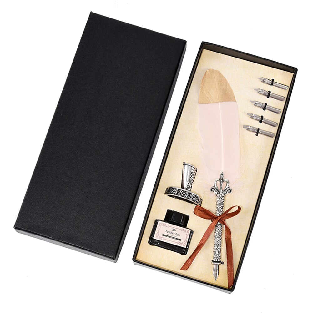 1 Set Vintage Calligraphy Feather Dip Pen + 5 Nib Writing Ink Quill Fountain Pen Retro Stationery Wedding Students: 5