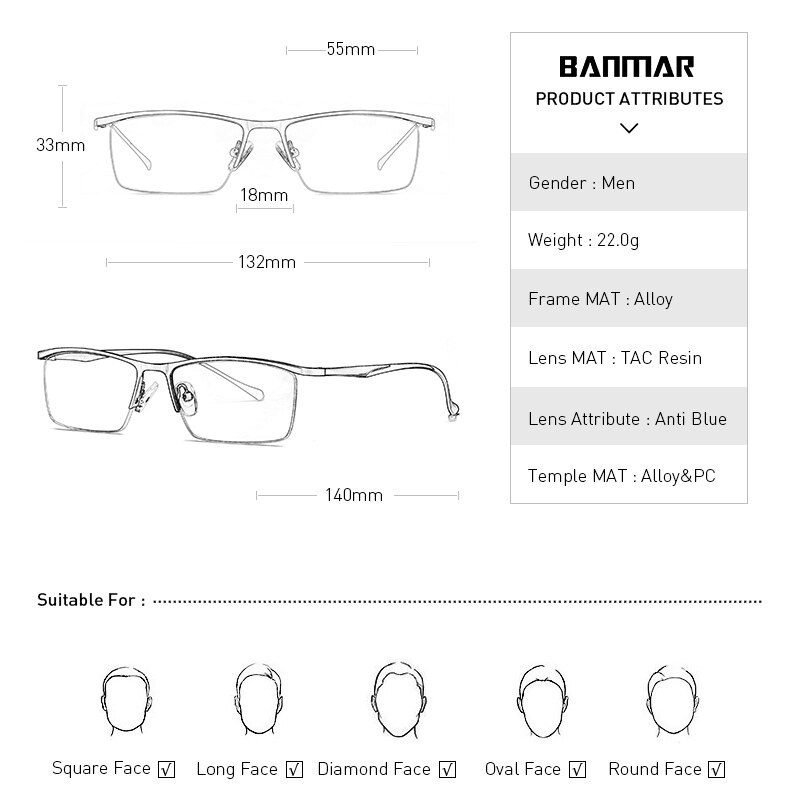 BANMAR Anti Blue Light Glass Men Goggles Eyewear Eyeglasses Spectacles Anti Blue Rays Gaming Computer Glasses For Business