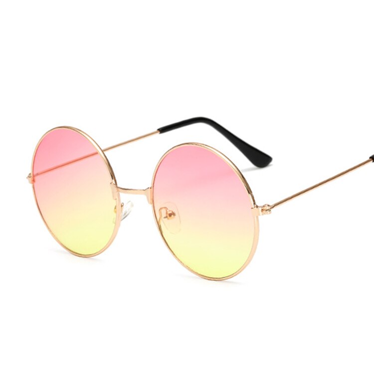 Klassiska runda solglasögon kvinnor vintage cirkel solglasögon för kvinnor manlig liten ram metall färgglad havsspegel retro: Rosa gul