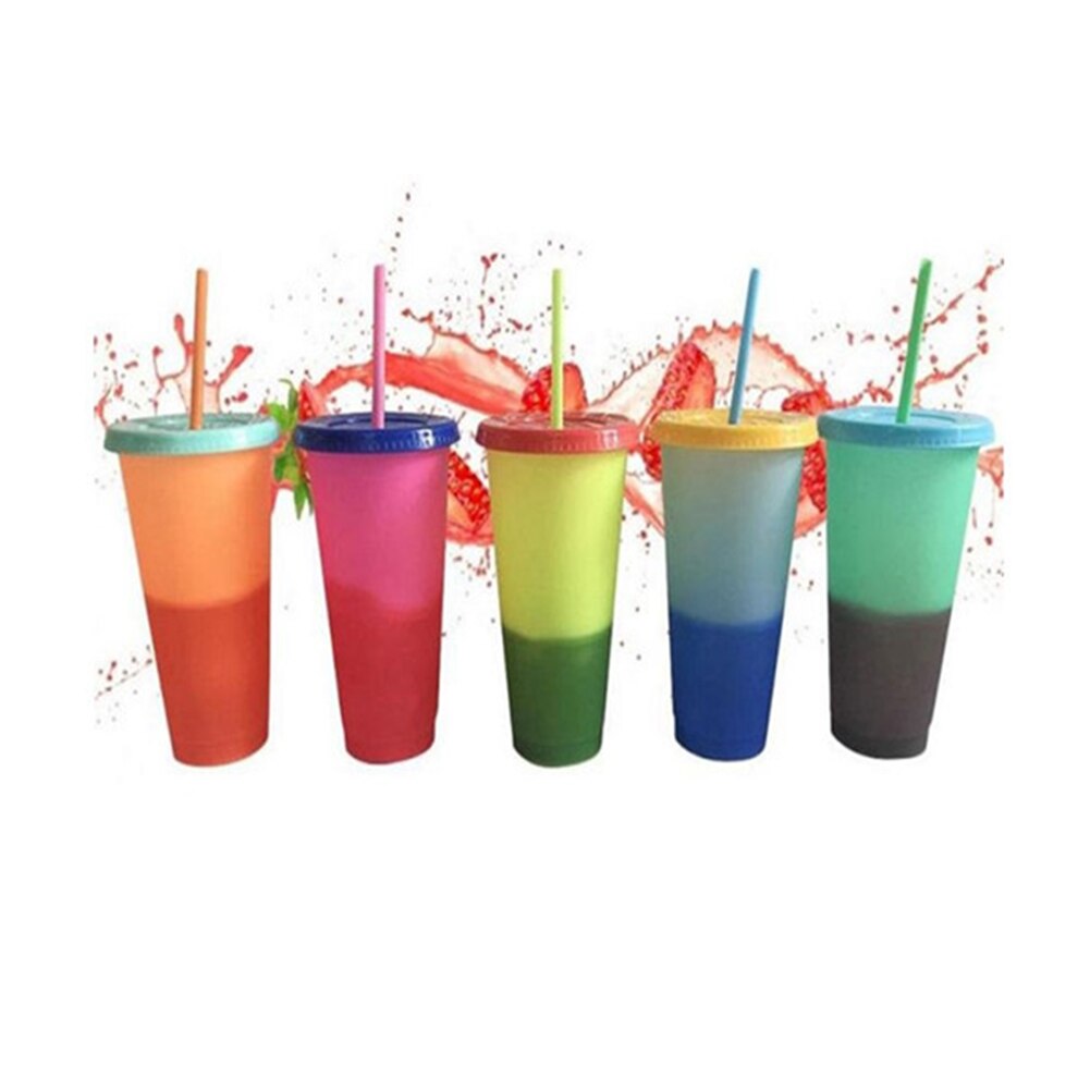 Color Changing Cold Drink Cups Reusable Temperature-Sensitive Plastic Colorful Coffee Cup with Lids and Straws: A Warmth 700ML