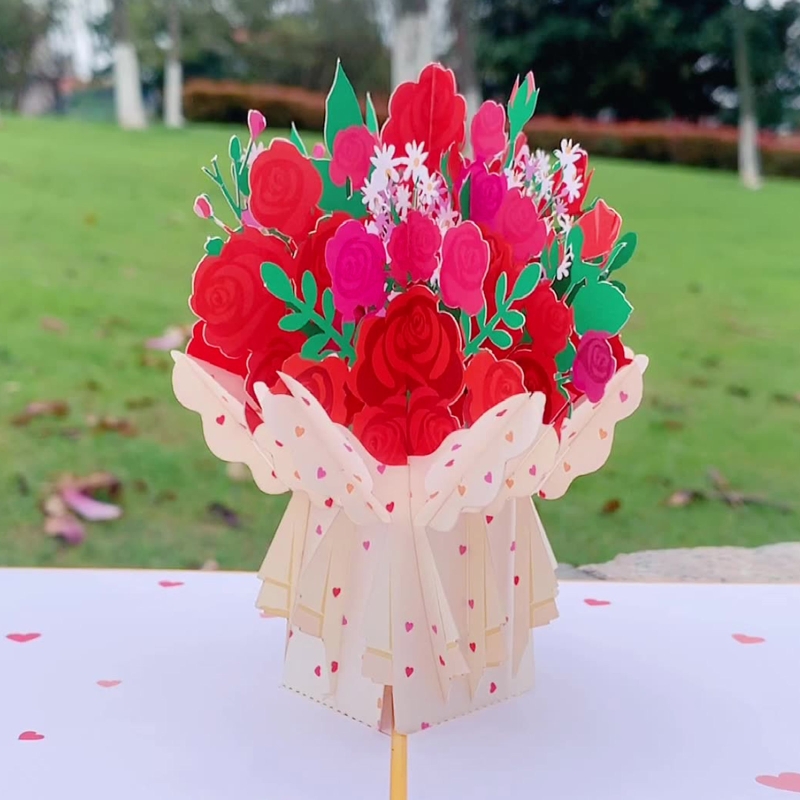 3D Pop Up Greeting Card Flower Bouquet Blessing Message Card Portable Cards
