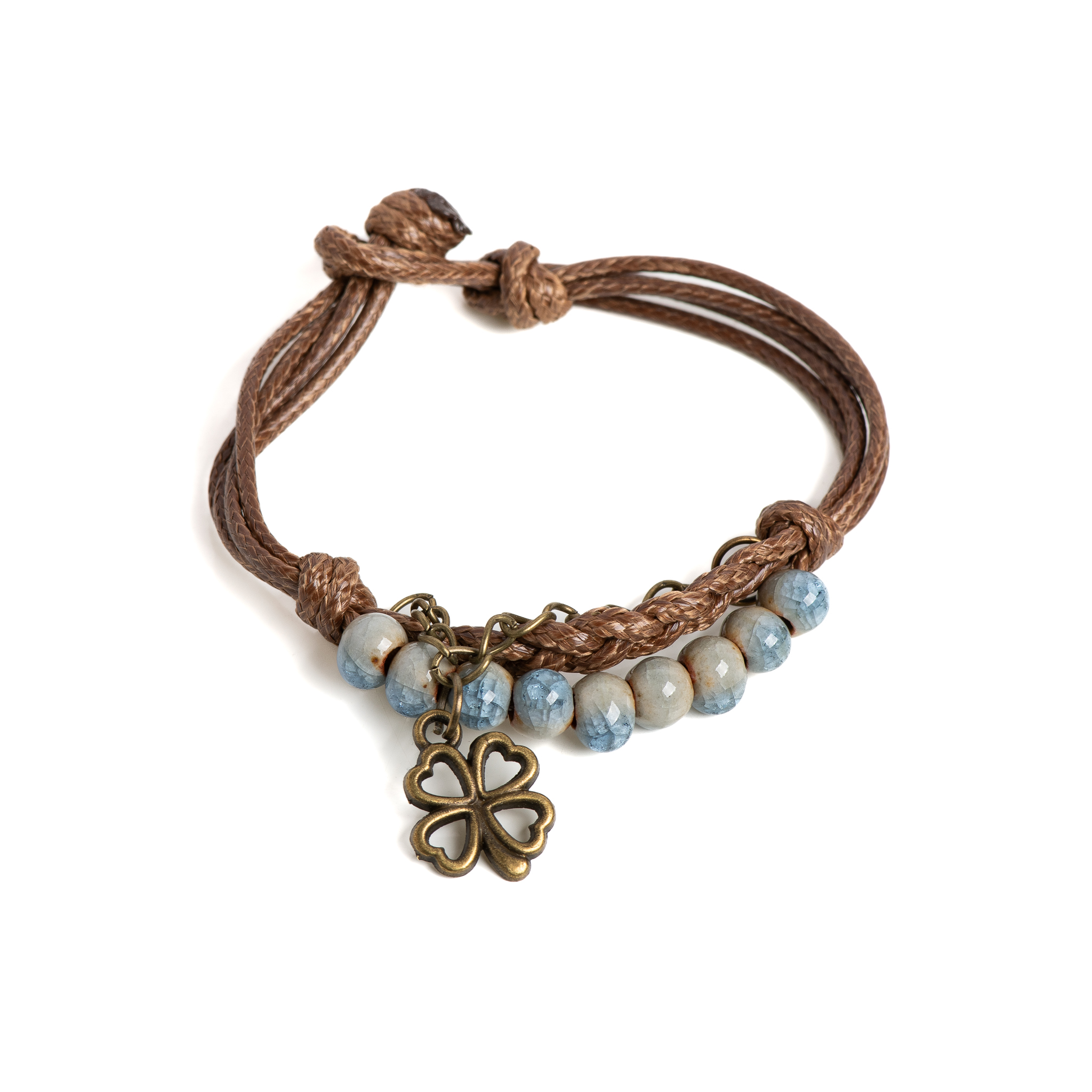 Pulsera de cerámica de trébol de cuatro hojas de la suerte, cordón de cera hecho a mano con cuentas craqueladas, opciones azules y verdes, Vintage para mujer: Estampado en caliente