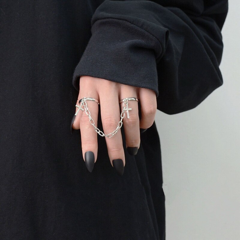 2 Stks/set Punk Lange Kwast Ketting Ringen Voor Vrouwen Hip Hop Mannen Zilver Kleur Hollow Geometrische Paar Ring Set Mode partij Sieraden: RI20Y0127-2