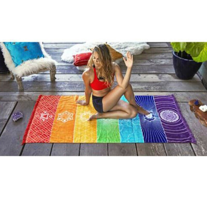 Polyester bohemia vägghängande indien mandala filt 7 chakra färgade gobeläng regnbågsränder resa sommar strand yogamatta