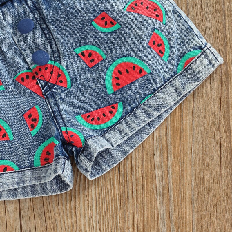 Fashion Kid Baby Girl Outfit Set tracolla senza maniche Crop Top + anguria Denim Shorts Set di abbigliamento estivo per bambini