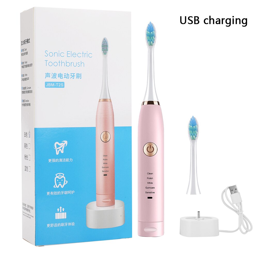 Smart Electric Toothbrush Sonic USB Rechargeable Tooth Washable 4 Mode Automatic Whitening Teeth Brush with 2 Brush Head: USB Charging Pink