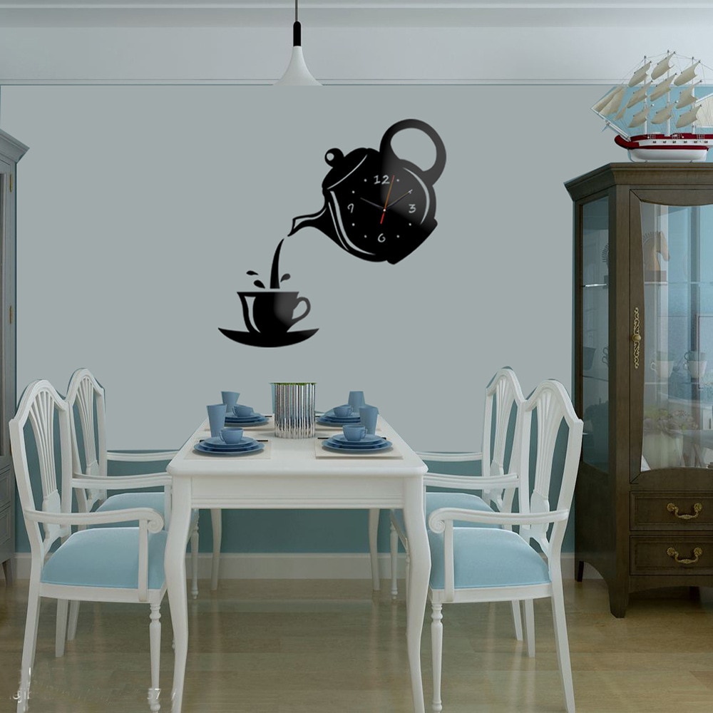 Horloge murale 3D en acrylique pour théière de café, décoration créative pour le salon, la salle à manger et la maison