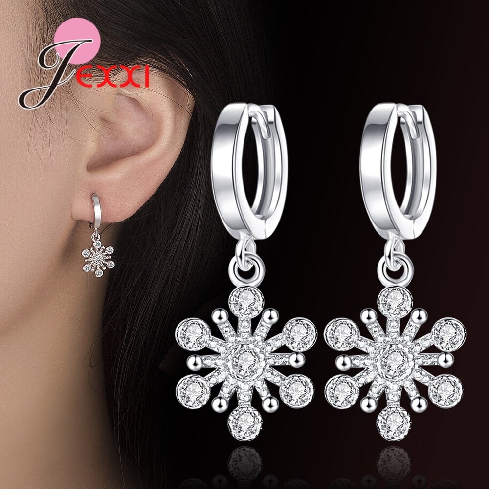 925 en argent Sterling ensemble de bijoux neige fleur flocon de neige cubique zircone pavé collier boucle d'oreille pour la fête de mariage