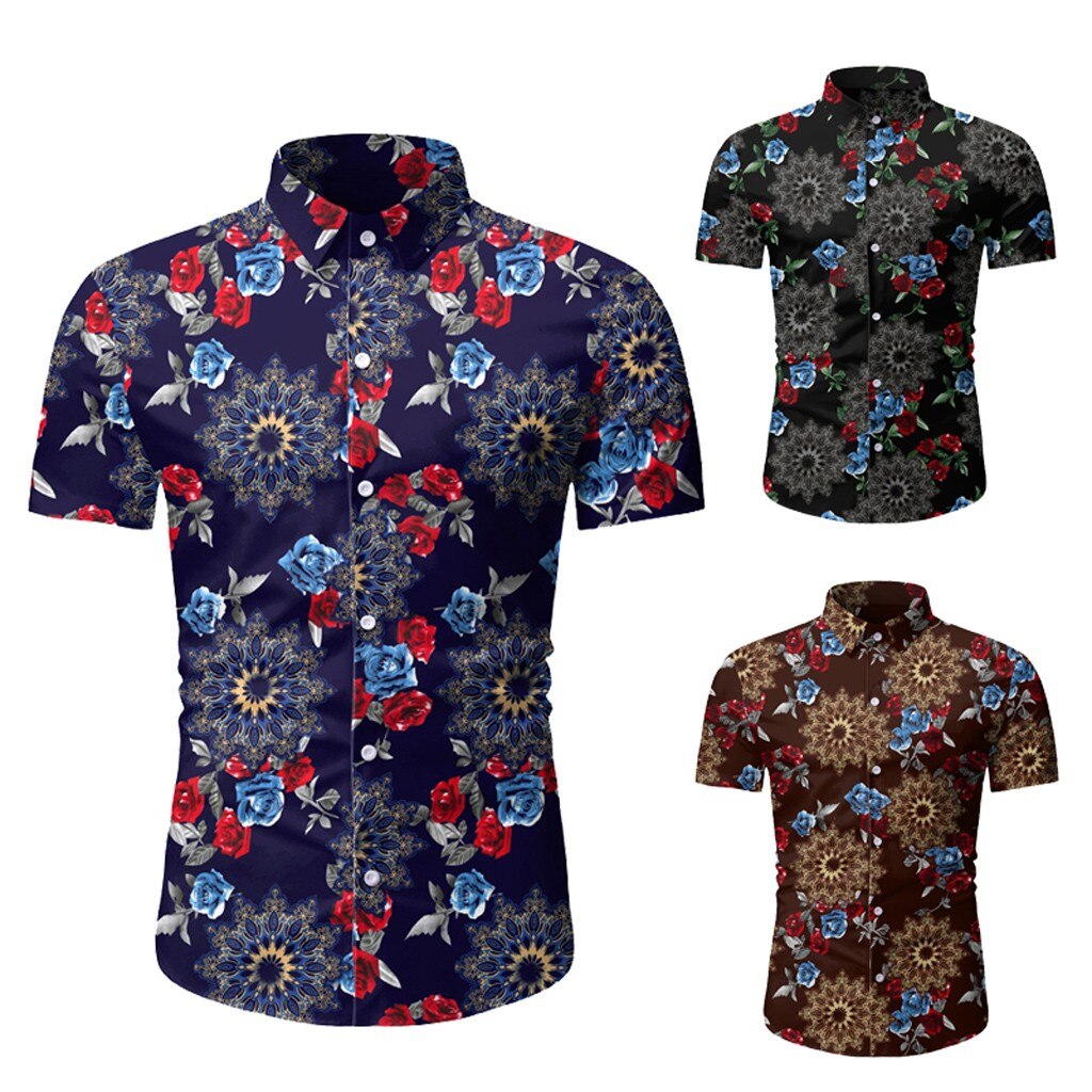 Mænds slim fit skjorter med blomsterprint til mænd kortærmet blomstret skjorte herre basic toppe afslappet plus size skjorter chemise homme #g2