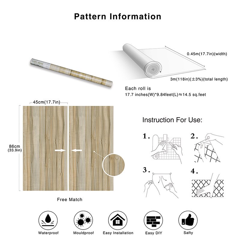 LUCKYYJ Peel And Stick Wallpaper Wood Texture Removable Vinyl Self Adhesive Wall Stickers For Kitchen Cupboard Door Decoration