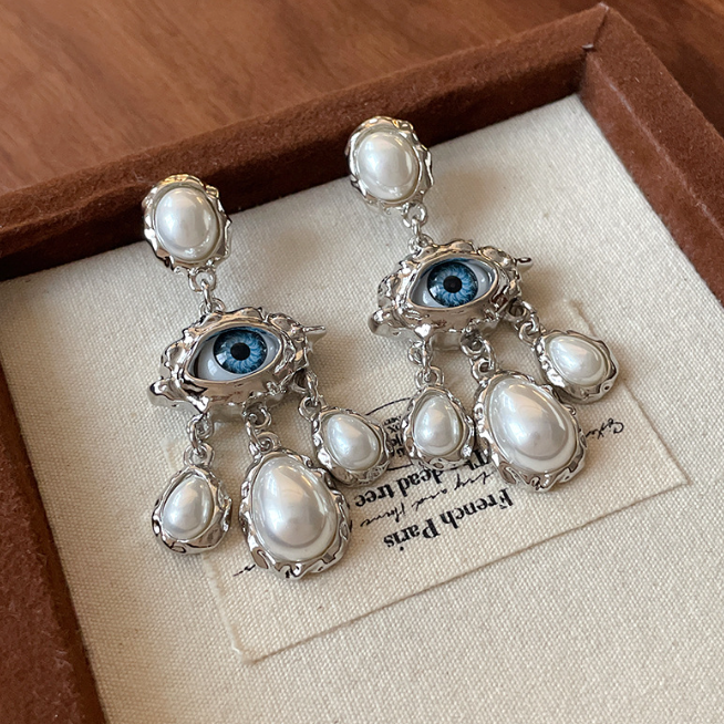 Pendientes largos de ojos grandes exagerados de estilo francés, pendientes de gotas de agua con perlas a la: VERMEIL