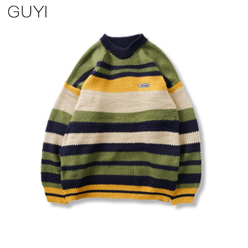 Guyi japanse stijl gestreepte los gebreide truien pullovers heren herfst winter retro casual mannelijke luie jongere trui vintage top: Geel / M