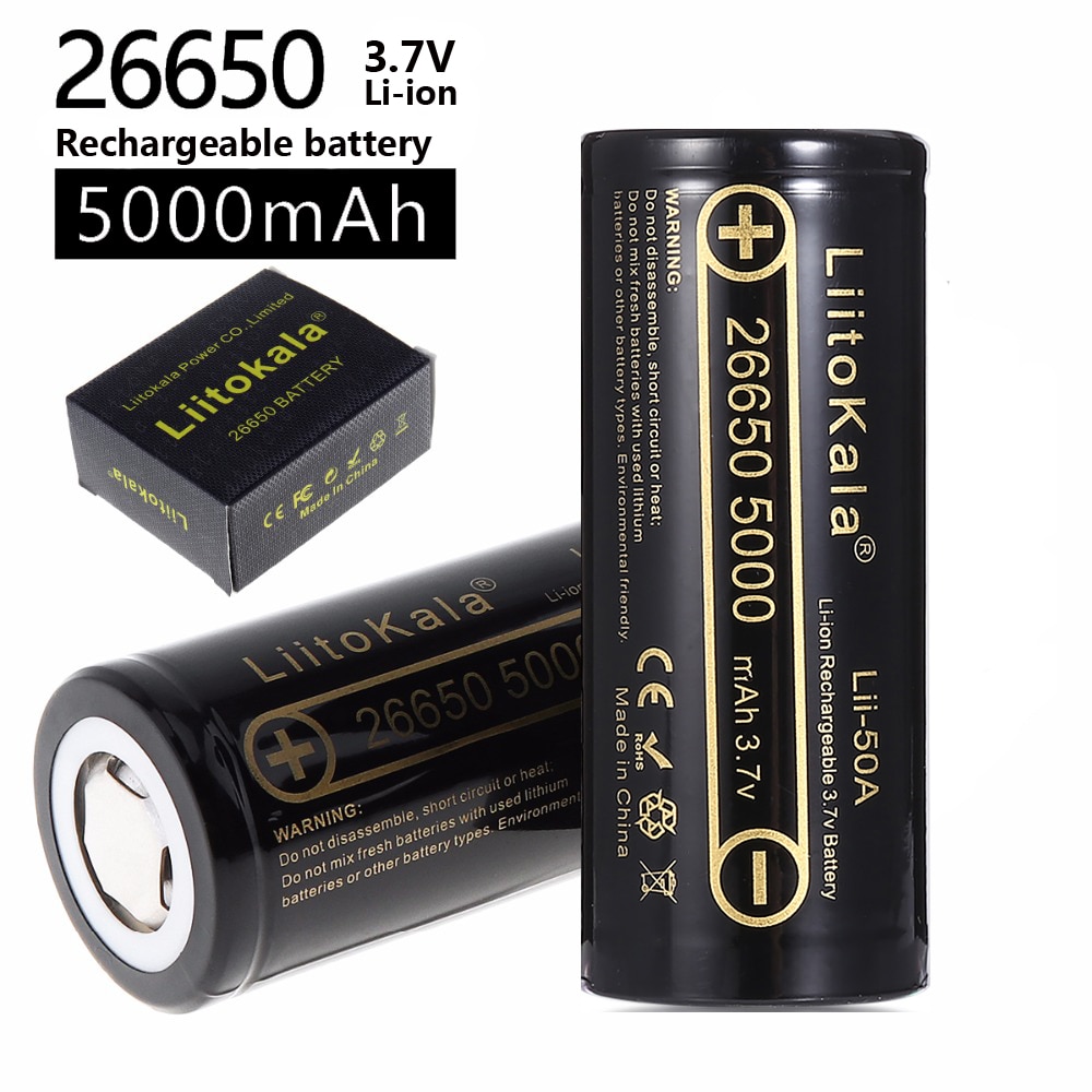 Hk liitokala lii -50a 26650 5000 mah litiumbatteri 3.7v 5000 mah 26650 oppladbart batteri 26650-50a egnet for flashligh