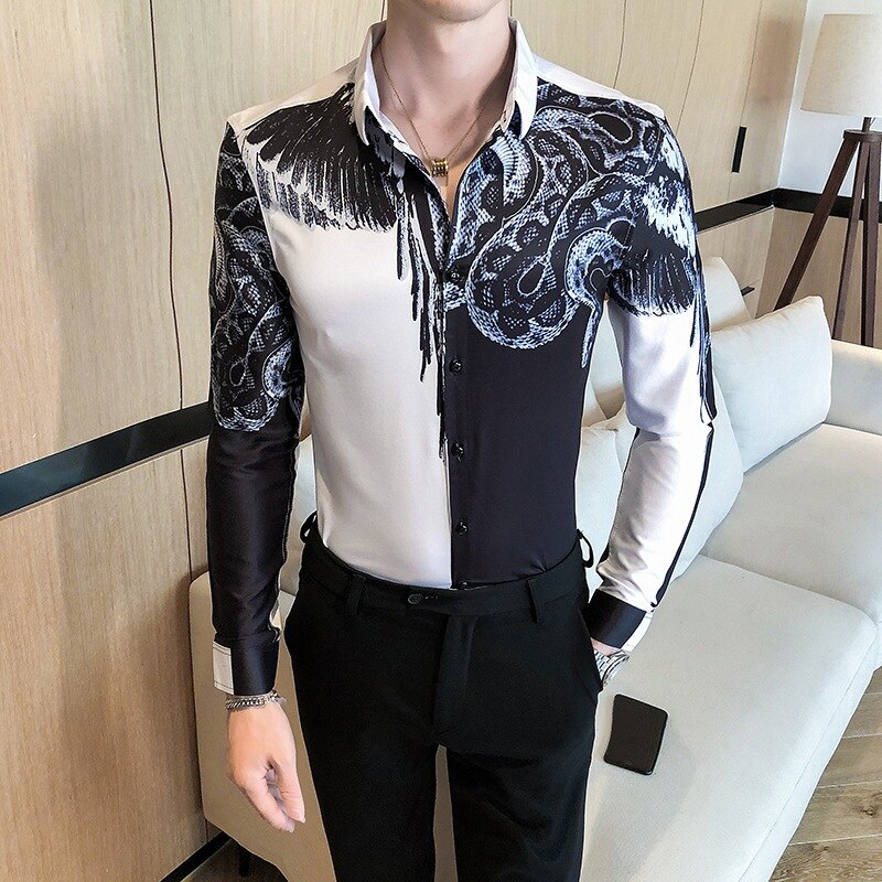 Long-sleeved shirt men's printed slim-fitting clothes trendy personality boys hair salon bottoming shirt: XXXL