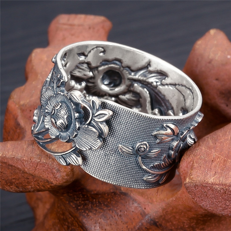 V.ya retro pioenroos bloem 990 sterling zilveren ringen voor vrouwen verstelbare thaise zilveren ring vintage sieraden