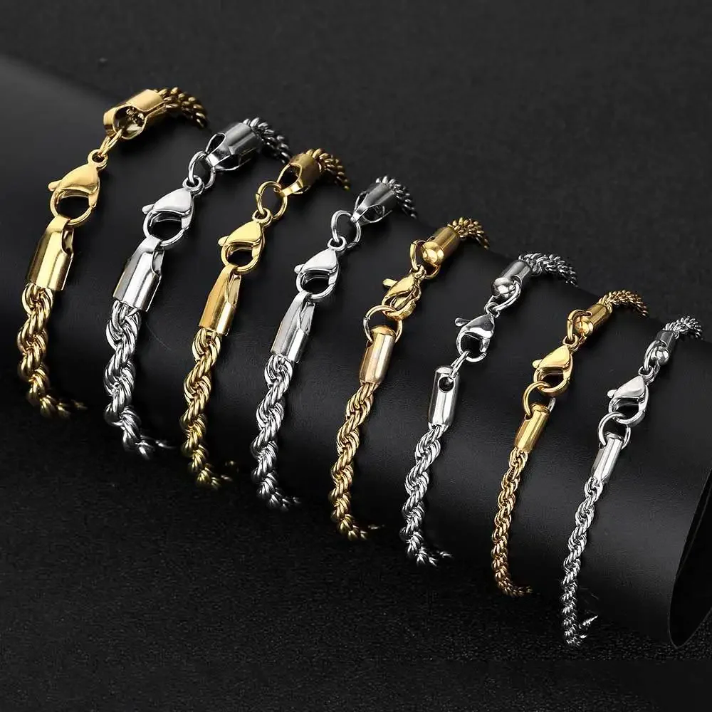 Pulsera de cadena de acero inoxidable de 2-6MM para mujeres y hombres, brazalete de cadena de cuerda trenzada de Color dorado, joyería resistente al agua que nunca se decolora