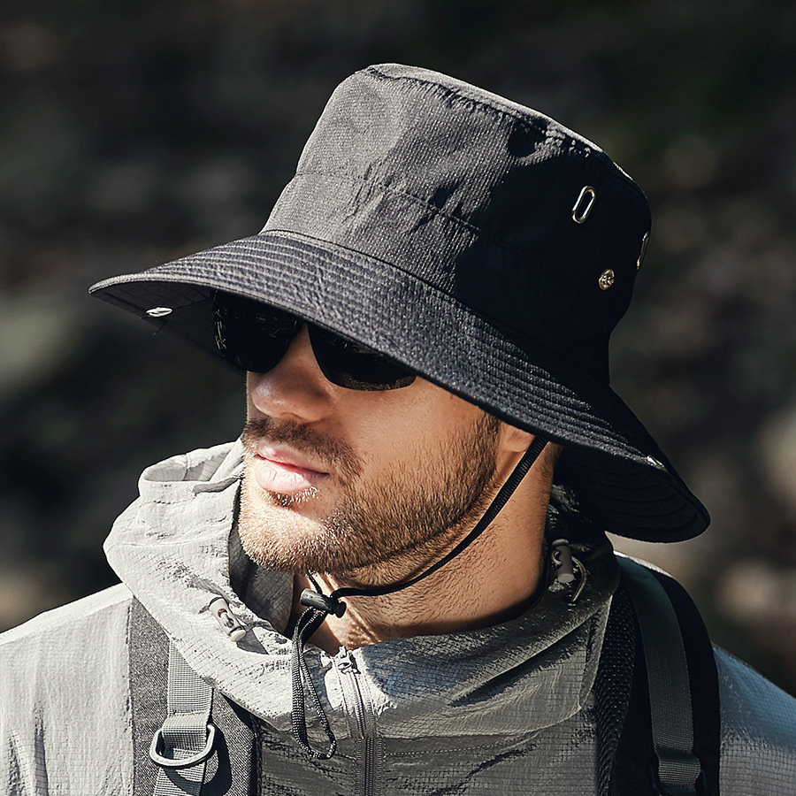 Chapéu de pescador masculino de aba larga, verão, à prova d'água, proteção uv, boné de sol, caminhadas, pesca, escalada, grande, safari, chapéus de balde: Preto