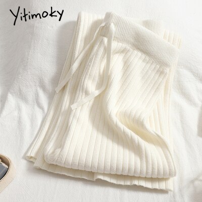 Yitimoky Knitted Wide Leg Pants for Women Streetwear Clothes Joggers Baggies Drawstring Sweatpants Work Bottoms Pants Ulzzang