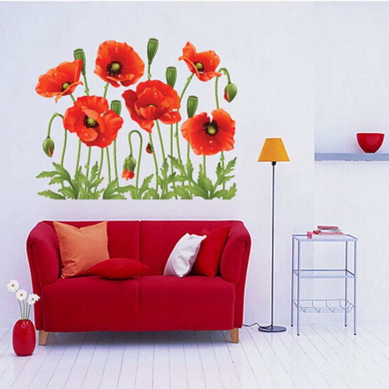 Red Poppy Removable Art Waterproof Bedroom Wall Stickers Home Decor Art Flower Vinyl Mural Wall Decals Removable